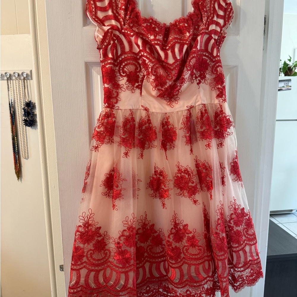 ASOS Curve Red and White Lace Overlay Dress